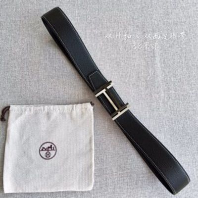 1:1  Hermes  Black Leather Belt  with Brown&White Double"H" buckle 3.8cm